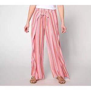 Susan Graver Soleil‎ Regular Novelty Woven Tie Waist Pant Size 3X Pink Stripe
